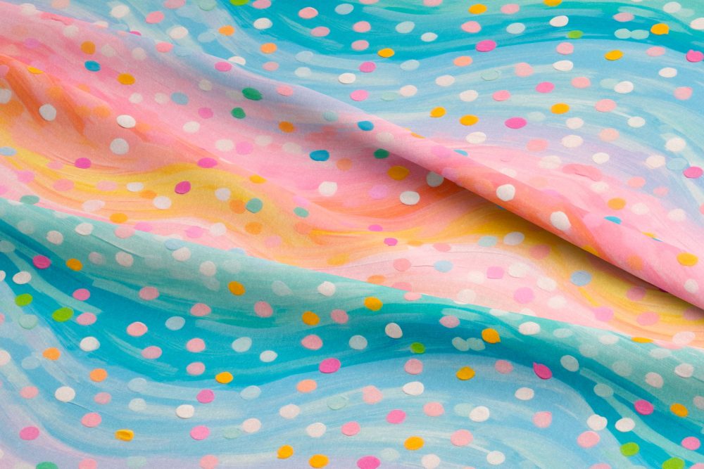 Détail du panneau arc-en-ciel confettis – tissu couture Rainbow 2026
