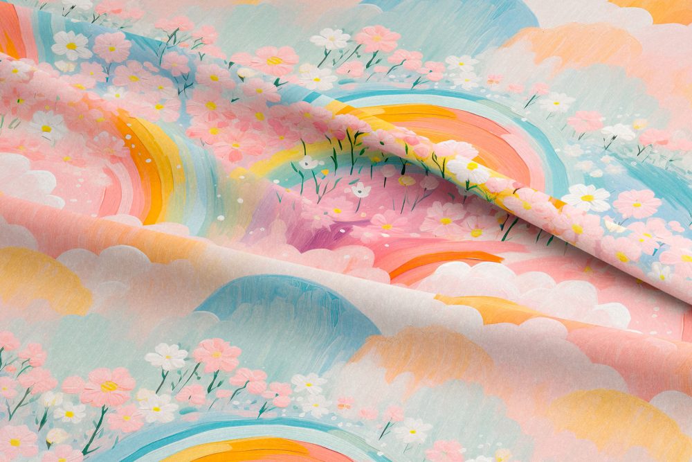 Détail du tissu ciel arc-en-ciel fleuri – tissu couture Rainbow 2026