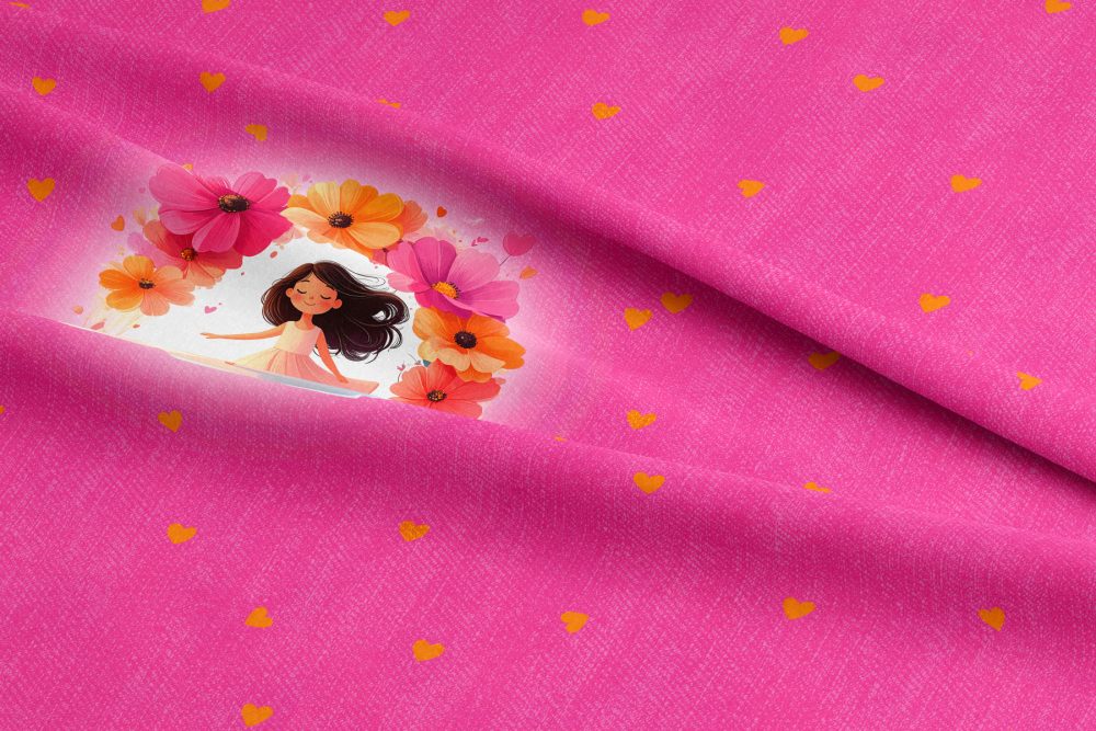 Détails panneau tissu enfant fond rose petite fille fleurs collection coeur de pétales