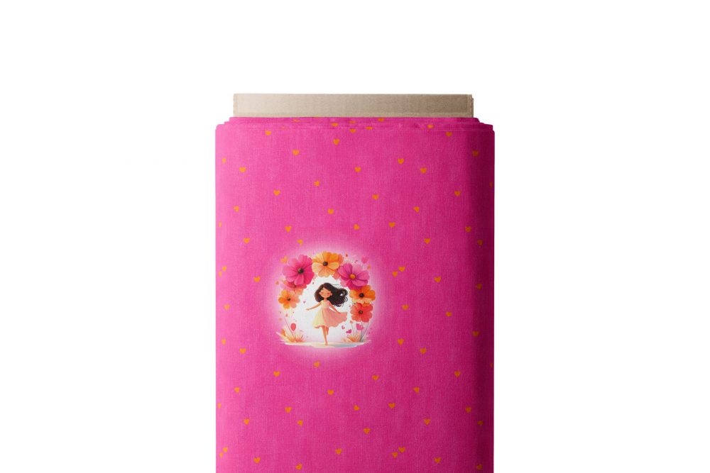 panneau tissu enfant fond rose petite fille fleurs collection coeur de pétales