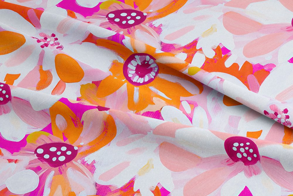 tissu fleurs peintes rose orange collection coeur de pétales