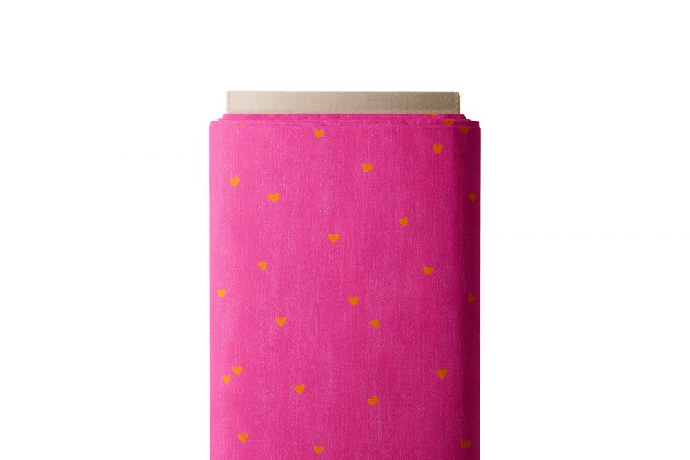 tissu enfant cœurs fond rose effet jean collection coeur de pétales