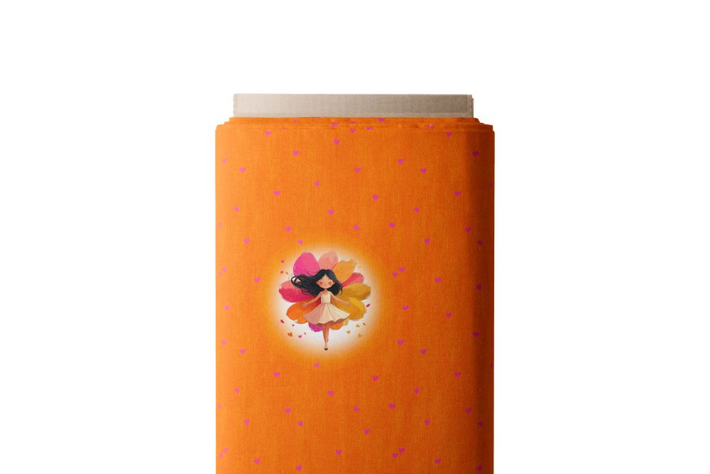 panneau tissu enfant fond orange petite fille fleurs collection coeur de pétales